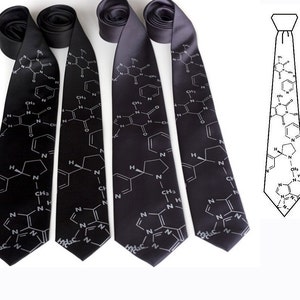 Addictive Molecules silk necktie. Coffee and Cigarettes screenprinted mens tie. Caffeine and Nicotine molecule tie. Silver print. image 4