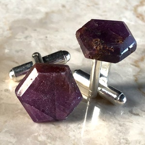 Ruby Crystal Cufflinks, ruby hexagon gemstone wedding cufflinks. Cancer Zodiac, Leo July birthday men, 40th Anniversary gift, Chatoyant Ruby