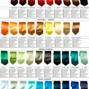 Puede incluir: Una tabla de muestras de color de corbatas de microfibra satinada. La tabla muestra una variedad de colores, incluyendo blanco, marfil, platino, crema, champ&aacute;n, melocot&oacute;n, oro suave, aluminio, ostra, plata, acero, plata oscura, metalizado, negro, carb&oacute;n, madera flotante, hongo, granate, burdeos, carmes&iacute;, rojo, coral, &oacute;xido, canela, chocolate con leche, marr&oacute;n oscuro, zanahoria, cal&eacute;ndula, azafr&aacute;n, mostaza, oro, lim&oacute;n, mantequilla, miel, cobre p&aacute;lido, verde kelly, primavera, manzana, apio, salvia, oliva, esmeralda, azul oscuro, verde azulado, menta, cielo, espuma de mar, hielo, agua, turquesa, el&eacute;ctrico, pavo real, franc&eacute;s, azul real, azul marino, azul periwinkle, morado, lavanda, orqu&iacute;dea, ciruela, frambuesa, violeta, vino especiado, berenjena, morado oscuro, madreselva, rosa, salm&oacute;n oscuro, salm&oacute;n, ballet, rosa claro, rosa, rosa intenso y fucsia. Cada color se muestra en una corbata con una etiqueta que indica el nombre del color y los tama&ntilde;os y estilos disponibles.