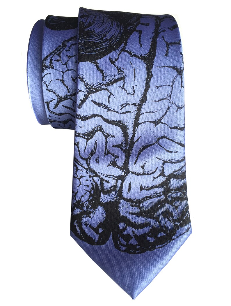 May include: A blue silk tie with a black and white anatomical brain print.