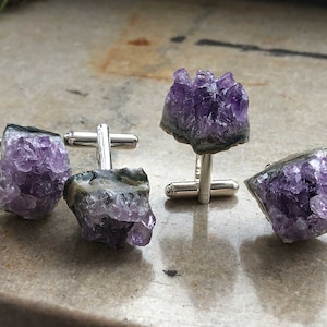 Amethyst Crystal Cufflinks. Amethyst Geode Slices, raw stone cufflinks, purple wedding cufflinks. February birthday gift for him, husband image 8