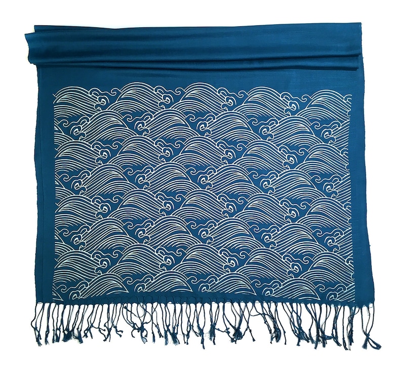 Crashing Waves scarf. Japanese textile motif pashmina. Bamboo pashmina. Mother of the bride gift, bridesmaid gift. Sea, ocean waves, beach image 3