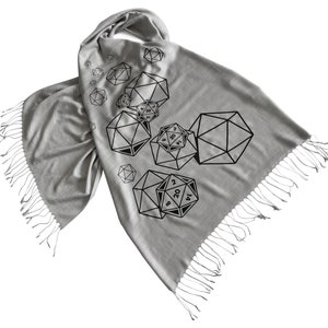 d20 scarf, critical role. RPG twenty sided die, bamboo pashmina. Nerd wedding, D and D inspired, polyhedral dice geek gift, gamer girl black on silver