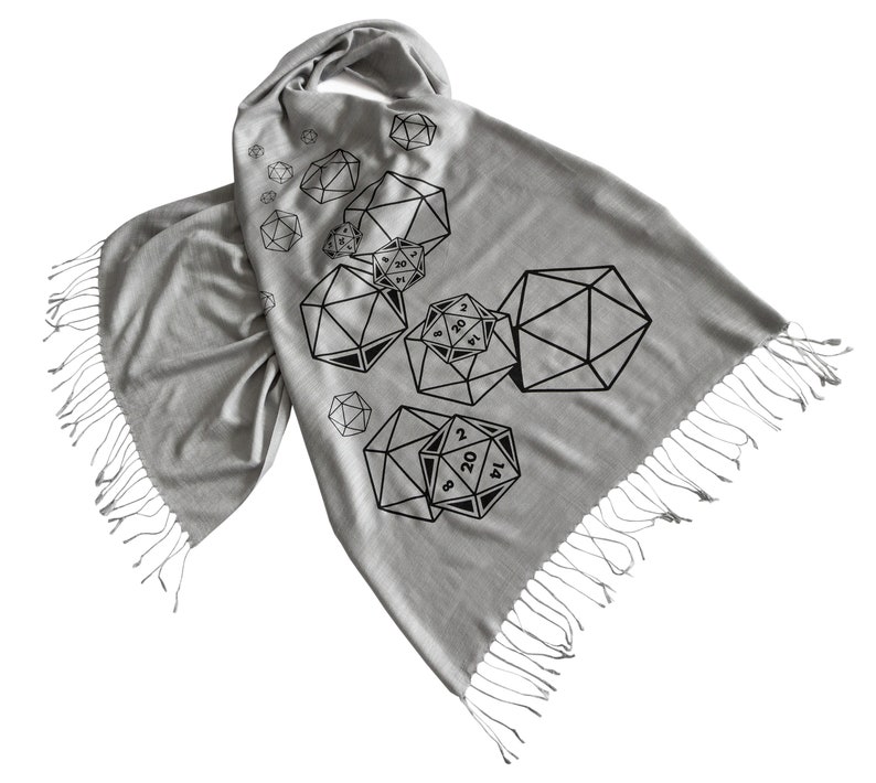 d20 scarf, critical role. RPG twenty sided die, bamboo pashmina. Nerd wedding, D and D inspired, polyhedral dice geek gift, gamer girl black on silver