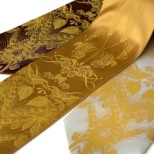 Beer tie. Hops, barley and wheat necktie. Screenprinted microfiber. Mustard ink. Standard width