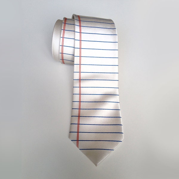 Lined Paper necktie. Wide Ruled paper tie. 100% silk. Too Cool for School, silkscreen tie. Perfect teacher, writer, author or geek gift.