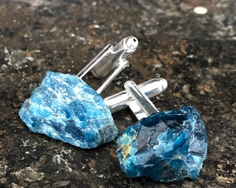 Blue Apatite Cufflinks. Raw Stone cufflinks, men's blue cufflinks. Father of the Bride gift, something blue, gift for groom, best man gift
