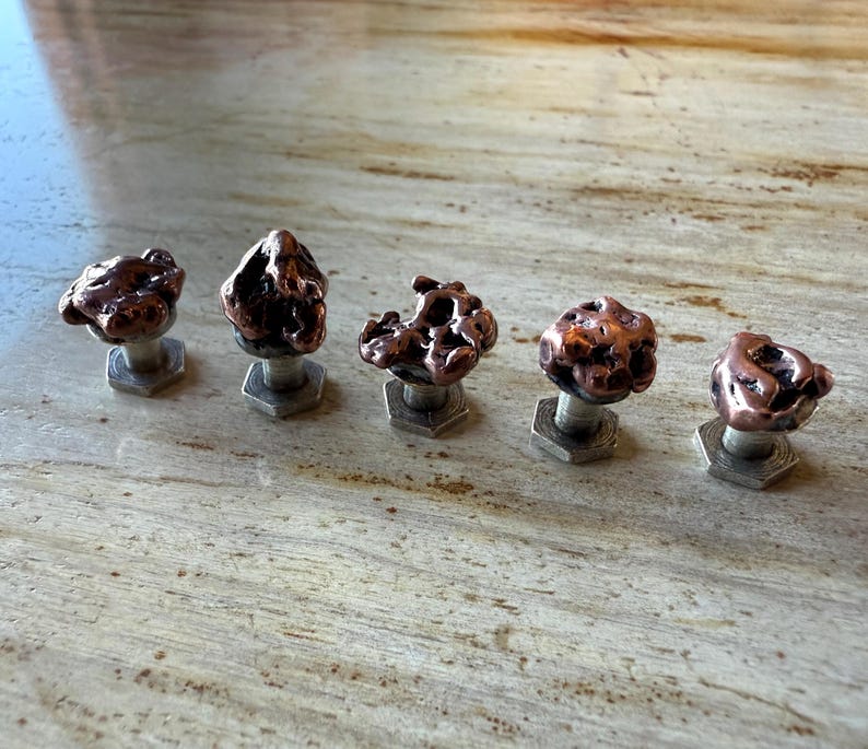 May include: Five copper-colored cabinet knobs with a textured, organic design. Each knob is mounted on a silver-colored, hexagonal base. The knobs are arranged in a row, showcasing their unique shapes and finishes.