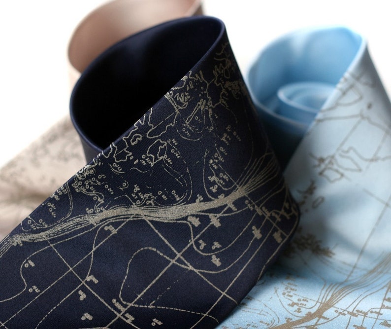 Contour Map Necktie. Gift for him, men's tie. Scandinavian & Arctic ocean floor map. Oceanographer gift, sailor gift, cartographers, map tie image 1