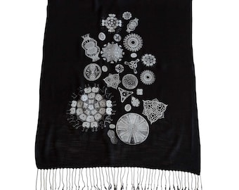 Diatoms Printed Scarf. Silkscreened Linen weave pashmina. Haeckel illustrations, microscope scans. Choose black, silver & more.