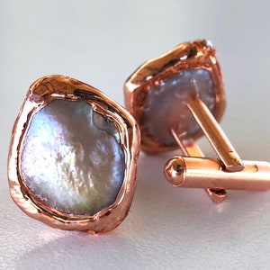 Iridescent White Freshwater Pearl Cufflinks. Copper Bezel, Electroformed Cultured coin pearl cuff links. Cool, unique mens wedding cufflinks image 6