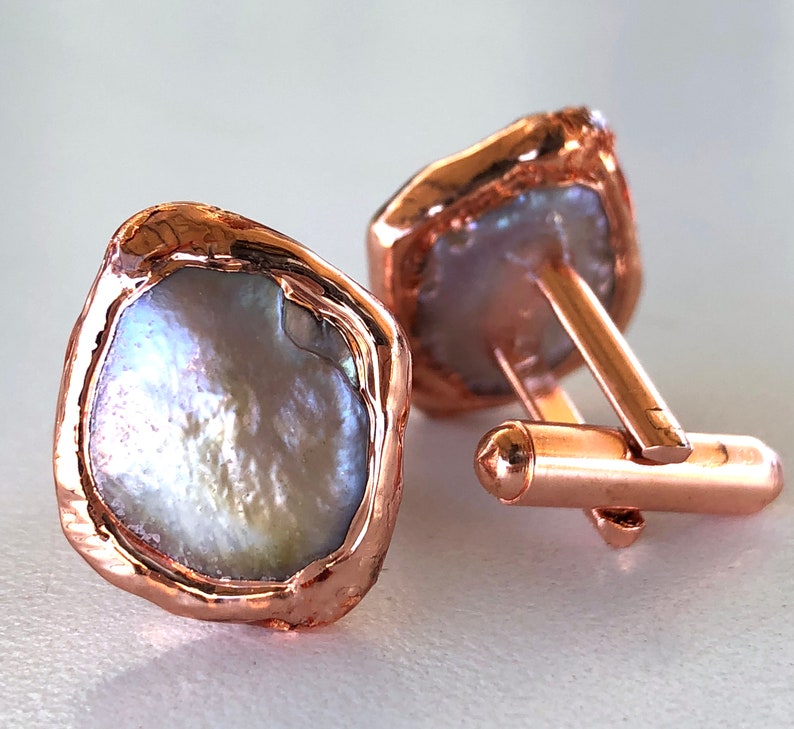 Iridescent White Freshwater Pearl Cufflinks. Copper Bezel, Electroformed Cultured coin pearl cuff links. Cool, unique mens wedding cufflinks image 6