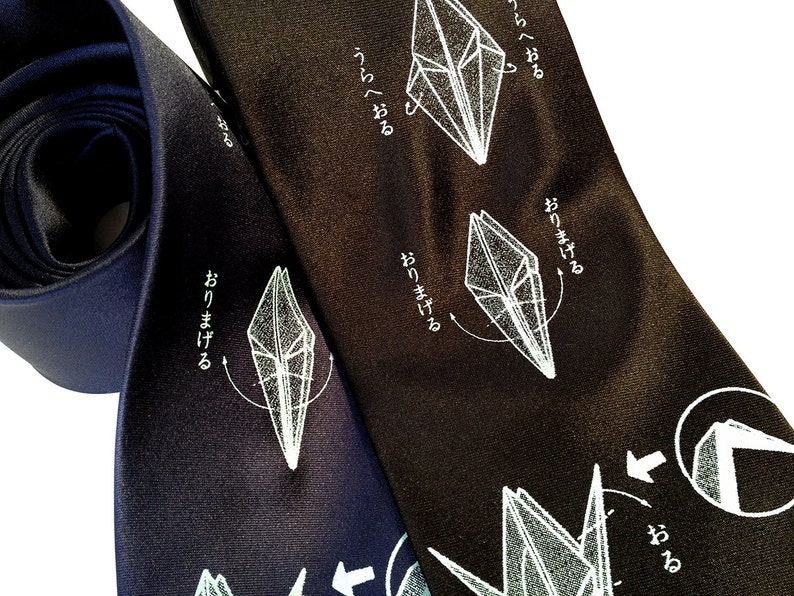 Origami necktie. Paper crane print tie. Men's silkscreen necktie. Gift for paper artist, origami enthusiast, survivor. Good luck gift. image 3