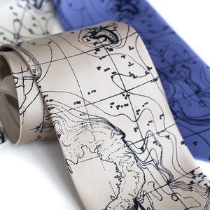 Topographic Map Tie. Contour map men's necktie. Oceanography, Maritime chart, Scandinavia, Norway, Sweden, Finland. Destination wedding, men champagne