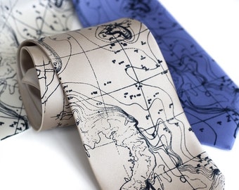 Topographic Map Tie. Contour map men's necktie. Oceanography, Maritime chart, Scandinavia, Norway, Sweden, Finland. Destination wedding, men