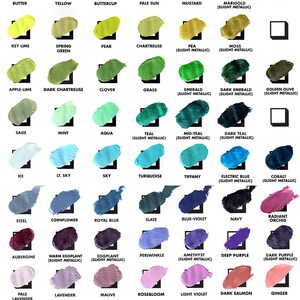 Puede incluir: Una tabla de 60 colores de pintura diferentes, organizados por familia de colores. Los colores est&aacute;n etiquetados con sus nombres, y algunos tienen informaci&oacute;n adicional entre par&eacute;ntesis, como "(ligeramente met&aacute;lico)". La tabla se titula "Tintas de impresi&oacute;n" e incluye el a&ntilde;o "2014".