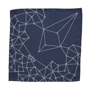 May include: A navy blue pocket square with a white geometric pattern of connected circles and lines.