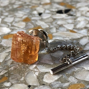 May include: A brown and orange crystal on a silver tie tack with a chain.