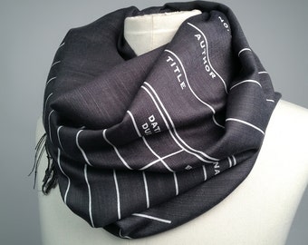 Gift for Booklovers: Library date due card scarf. Book Scarf. Literary Gifts, information science, bamboo literary scarf, book lovers gift