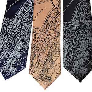 Boston Map Printed Silk Necktie. 1814 vintage map print men&#39;s silkscreen tie. Boston gift, Boston wedding, Beantown neck tie.