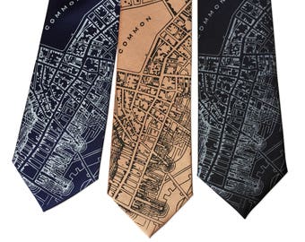 Boston Map Printed Silk Necktie. 1814 vintage map print men's silkscreen tie. Boston gift, Boston wedding, Beantown neck tie.