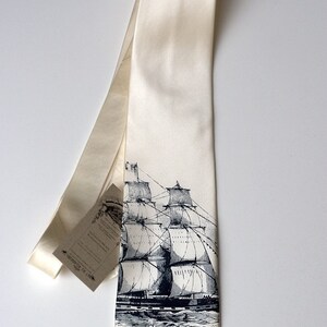 Clipper Ship Necktie. Nautical Silk Sailing Ship men's tie. Navy print on cream, ivory or white tie. Sailor print. image 2