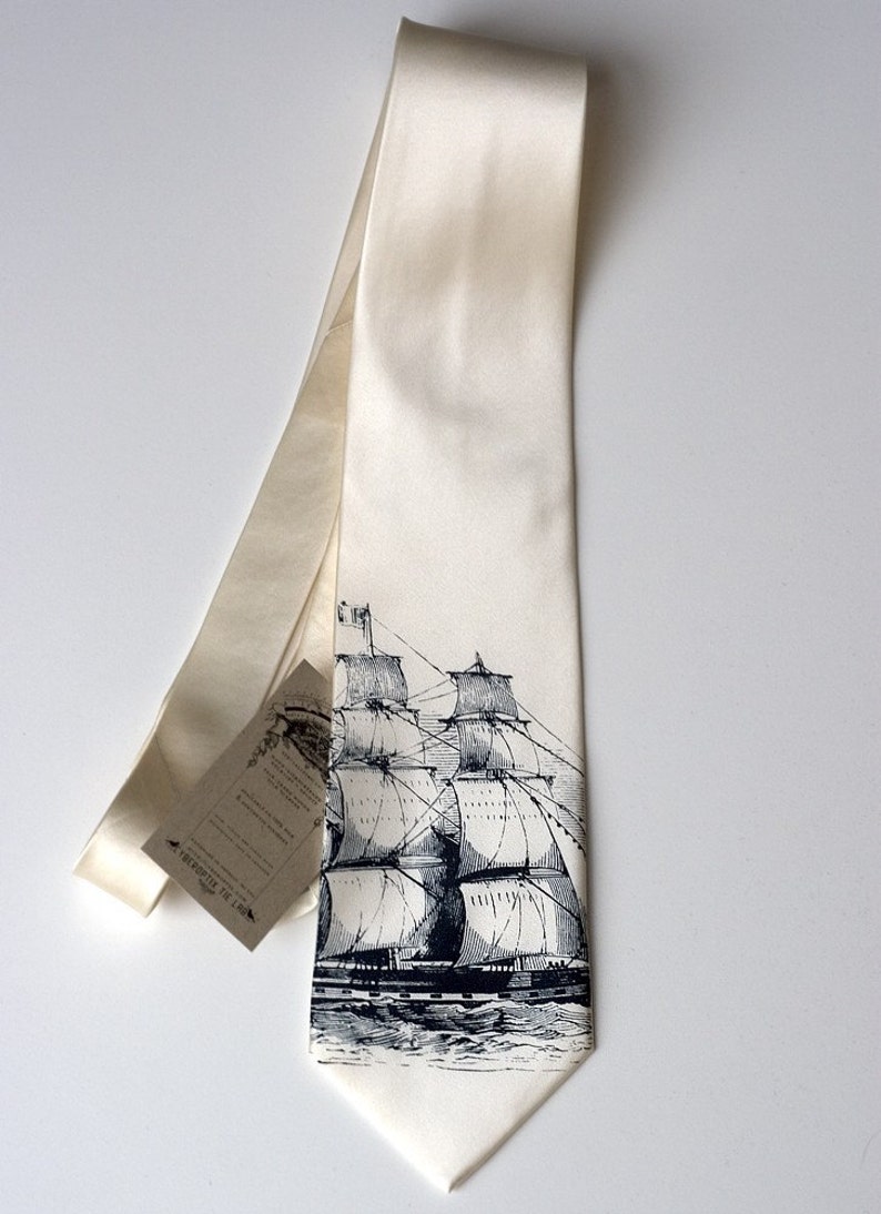 Clipper Ship Necktie. Nautical Silk Sailing Ship men's tie. Navy print on cream, ivory or white tie. Sailor print. image 2