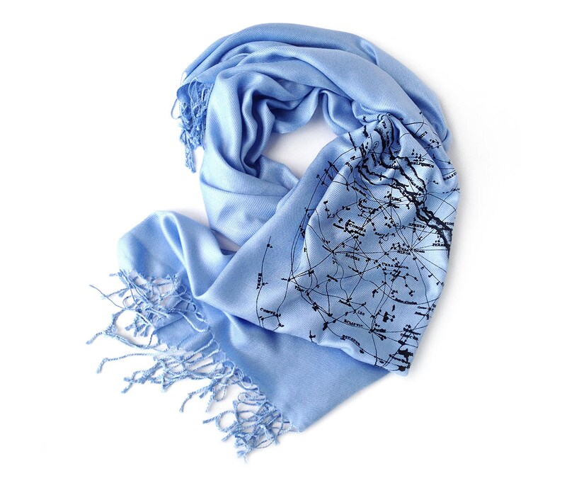 Milky Way Galaxy celestial scarf. Navy blue pashmina. Constellation design, ice blue print on navy and more. For men or women. image 5