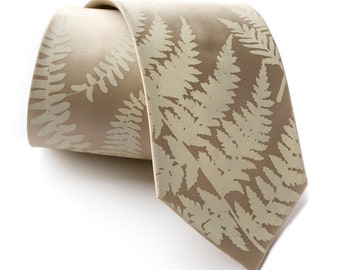 Fern Silk Necktie, fern leaf tie. Botanical print, mens silk tie. Champagne silk, tie for groom, outdoor wedding, garden wedding, backyard