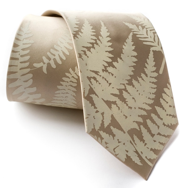 Fern Silk Necktie, fern leaf tie. Botanical print, mens silk tie. Champagne silk, tie for groom, outdoor wedding, garden wedding, backyard