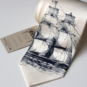 Clipper Ship Necktie. Nautical Silk Sailing Ship men's tie. Navy print on cream, ivory or white tie. Sailor print. image 1