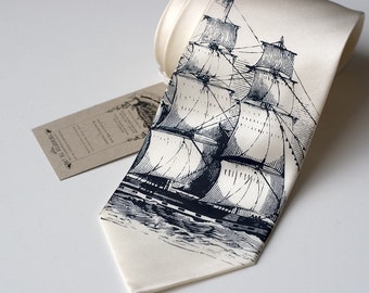 Clipper Ship Necktie. Nautical Silk Sailing Ship men's tie. Navy print on cream, ivory or white tie. Sailor print.