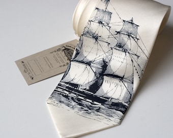 Clipper Ship Necktie. Nautical Silk Sailing Ship men's tie. Navy print on cream, ivory or white tie. Sailor print.