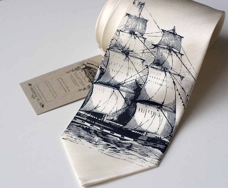 Clipper Ship Necktie. Nautical Silk Sailing Ship men's tie. Navy print on cream, ivory or white tie. Sailor print. image 1