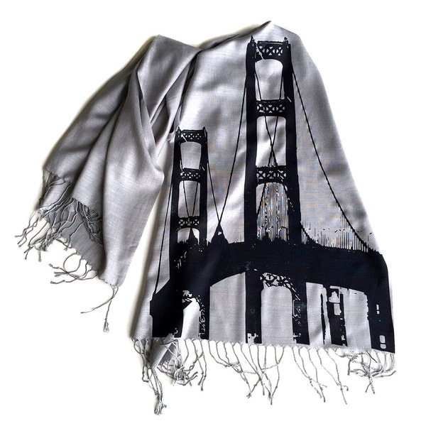 Mackinac Bridge Scarf. Linen weave pashmina. Michigan Upper Peninsula suspension bridge "Mighty Mac." Choose silver, blue and more!