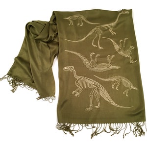 Dinosaur Skeleton Scarf. Fossilized bones, paleontology soft pashmina. Choose sage green & more. Science, natural history, archeology gift.