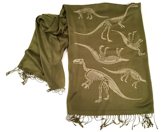 Dinosaur Skeleton Scarf. Fossilized bones, paleontology soft pashmina. Choose sage green & more. Science, natural history, archeology gift.