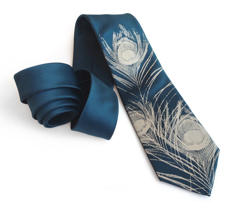 Peacock Feather Tie, men's silk necktie. Bird Feather print tie, art nouveau theme wedding. Tie for groom and groomsmen, Father of the Bride image 7