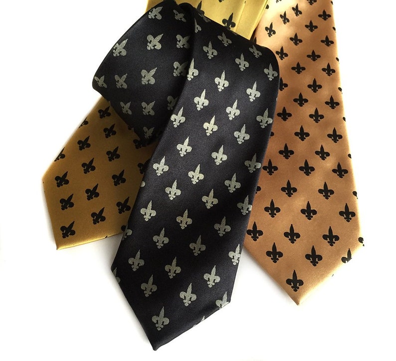 Fleur-de-lis silk tie. Mardi Gras, New Orleans gift. French Royalty necktie. Antique brass print on cream, eggplant, olive and more. image 7