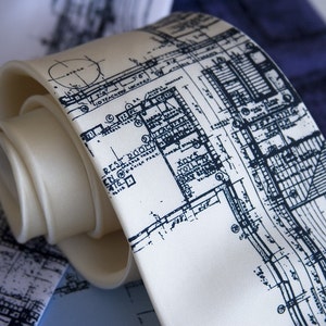 Detroit Blueprint necktie. Architect gift, mens silk tie. Cass Tech Detroit tie. Detroit gift men, Detroiter gift, city planner, builder image 1