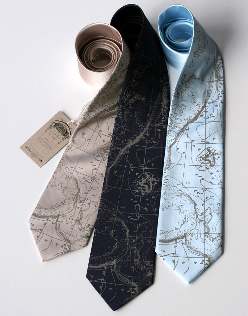 Contour Map Necktie. Gift for him, men's tie. Scandinavian & Arctic ocean floor map. Oceanographer gift, sailor gift, cartographers, map tie sky blue