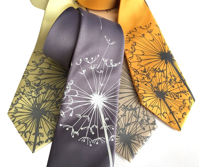 Dandelion Necktie, floral print tie. Dandelion wish, dandelion seed. Best man gift, for him, garden wedding, tie with flowers, groom's tie image 3