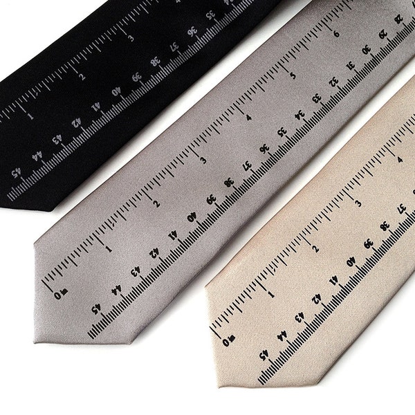 Ruler necktie. Measuring tape silkscreened men's tie. Math teacher, carpenter, maker, engineer gift. Choose standard, narrow, skinny!