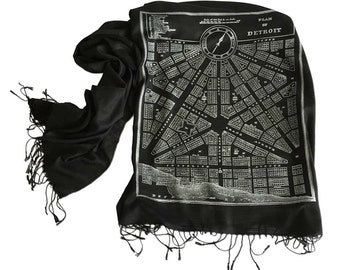 Detroit Map Scarf. 1831 City Plan, Silkscreen Pashmina. Detroit historic map, bamboo scarf. Gift for Detroiter, Michigan mom, Detroit gift