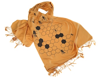 Bee Scarf. Honeybee scarf, Beehive / Honey print pashmina. Bee keepers, apiary gift, save the bees, farmer's market, urban beekeeper gift