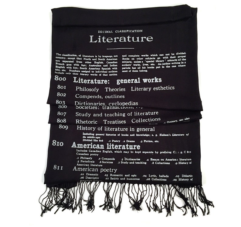 Book Scarf. Literary scarf. Dewey Decimal Literature library classification. Silkscreened linen weave pashmina. Choose silver, black & more. image 2