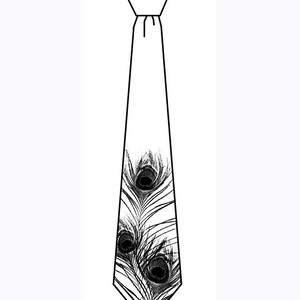May include: A black and white tie with a peacock feather design.