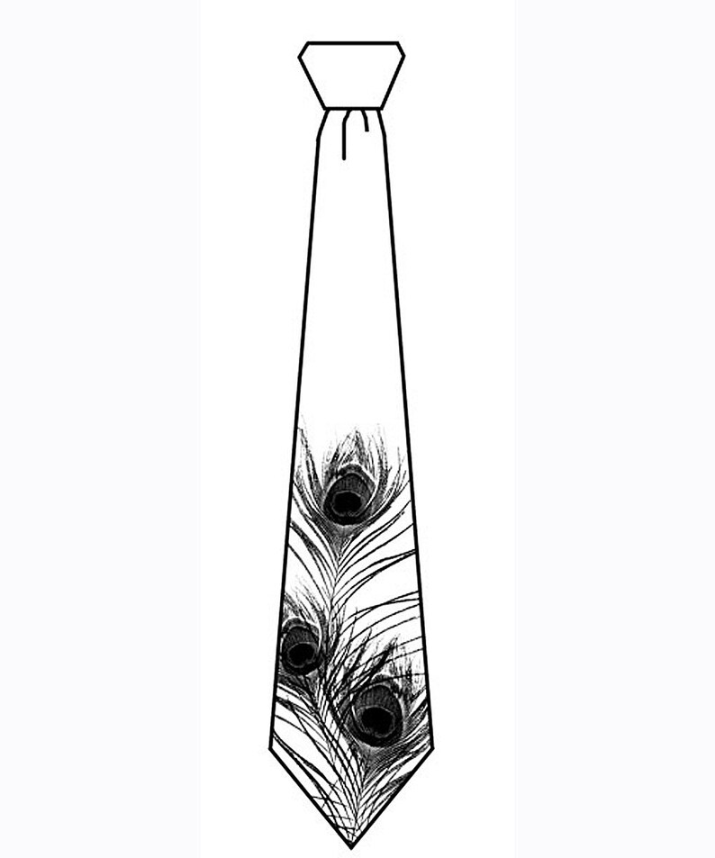 May include: A black and white tie with a peacock feather design.