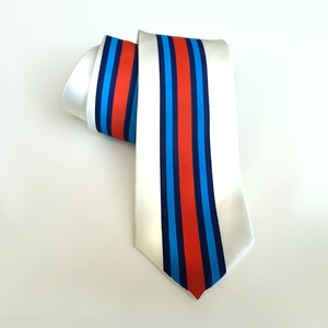 Racing stripes silk necktie. &quot;Shaken & Stirred&quot; livery. Red, blue and white tie. Automotive enthusiast men&#39;s tie.