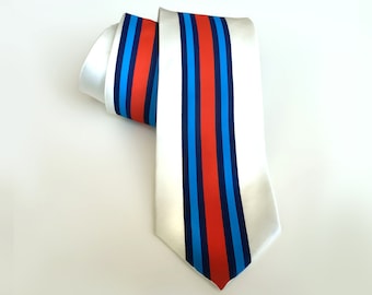 Racing stripes silk necktie. "Shaken & Stirred" livery. Red, blue and white tie. Automotive enthusiast men's tie.